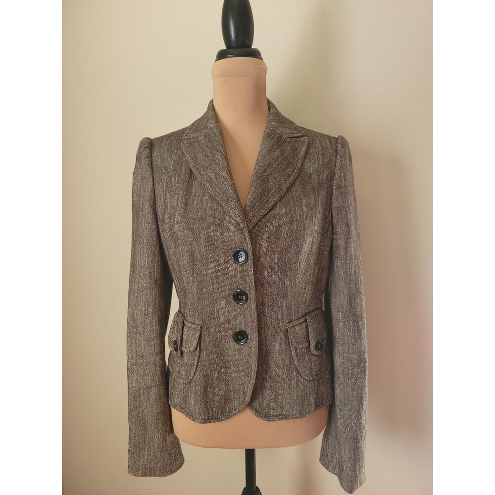 Esprit Womens Blazer Suit Jacket Lined Single Breasted Brown Gold Shiny Thread